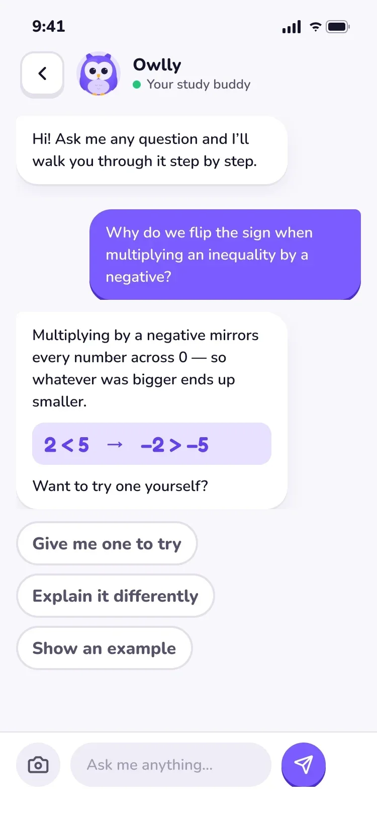 Chat with Owlly: it explains why the inequality sign flips, then offers you one to try