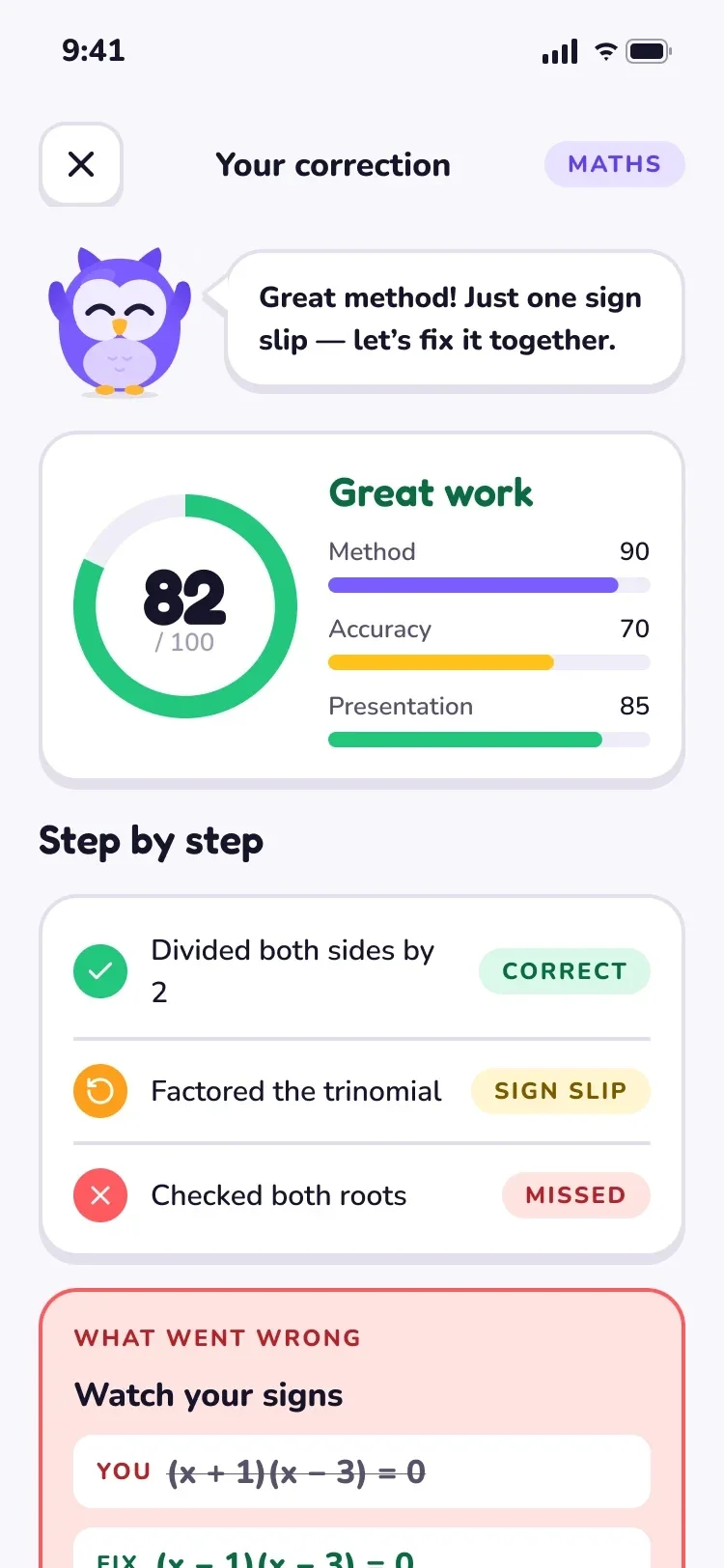 Owlly correction report with a score of 82 and step-by-step feedback